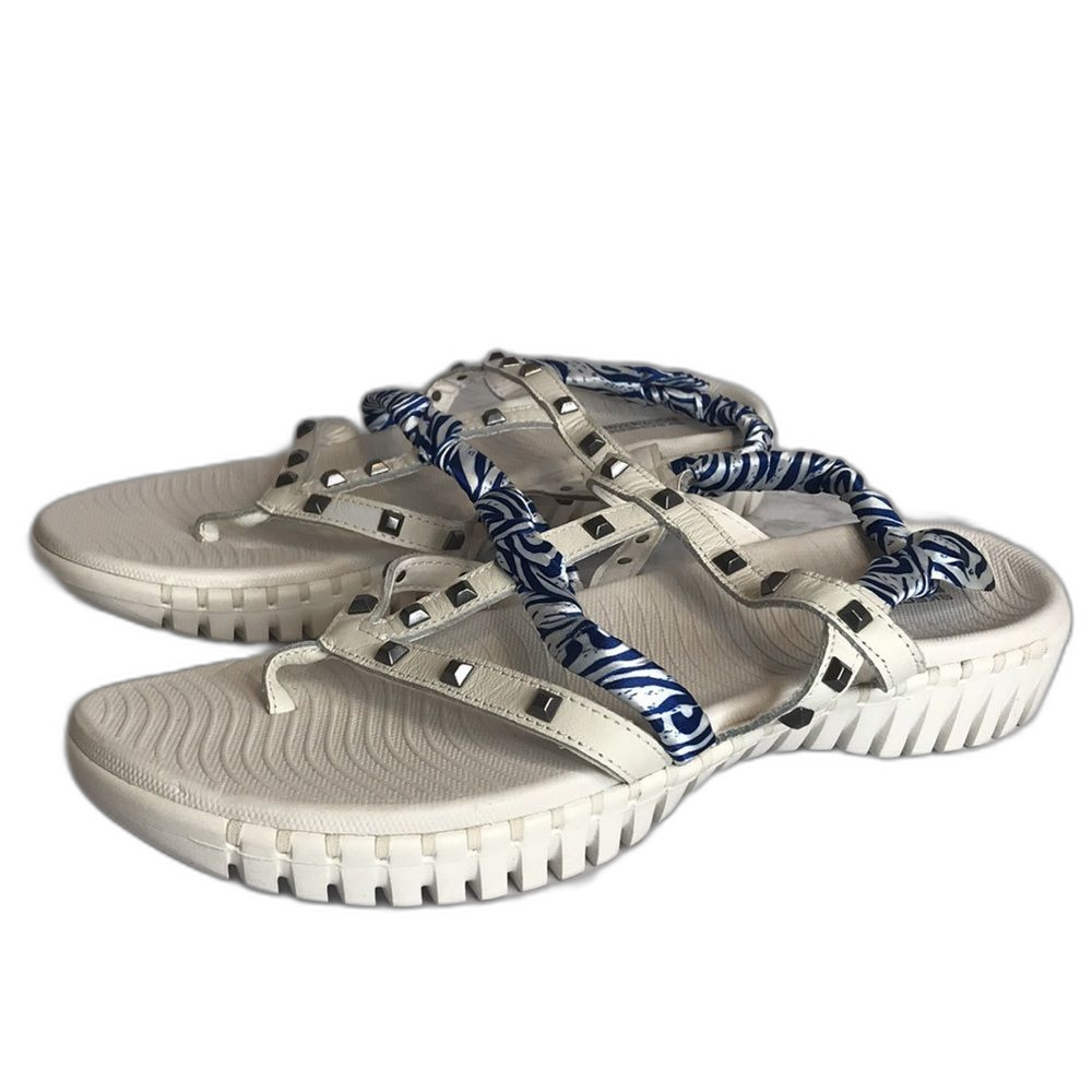Skechers Goga Mat‎ White Blue Studded Strappy Sandals Women's Size 11